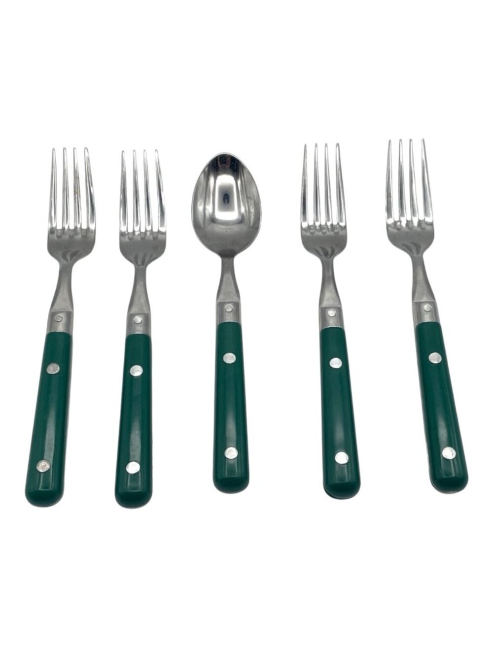 4 Farberware Stainless Steel Hunter Green Forks Plus 1 Teaspoon Plastic Handle